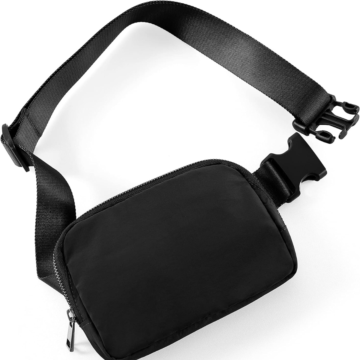 Schwarze Bauchtasche mit Reißverschluss. Mit einem Gurt mit Schnalle.