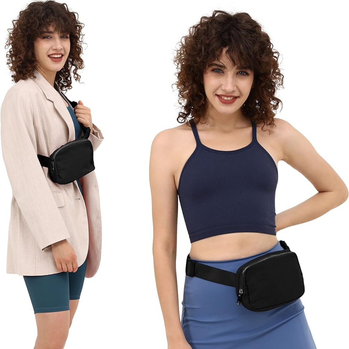 Zwei Frauen mit schwarzen Bauchtaschen. Eine trägt einen Blazer, die andere ein Tanktop.