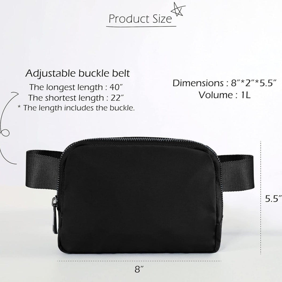 Schwarze Bauchtasche mit Text und Abmessungen. Die Tasche hat einen verstellbaren Schnallenriemen und einen Reißverschluss.