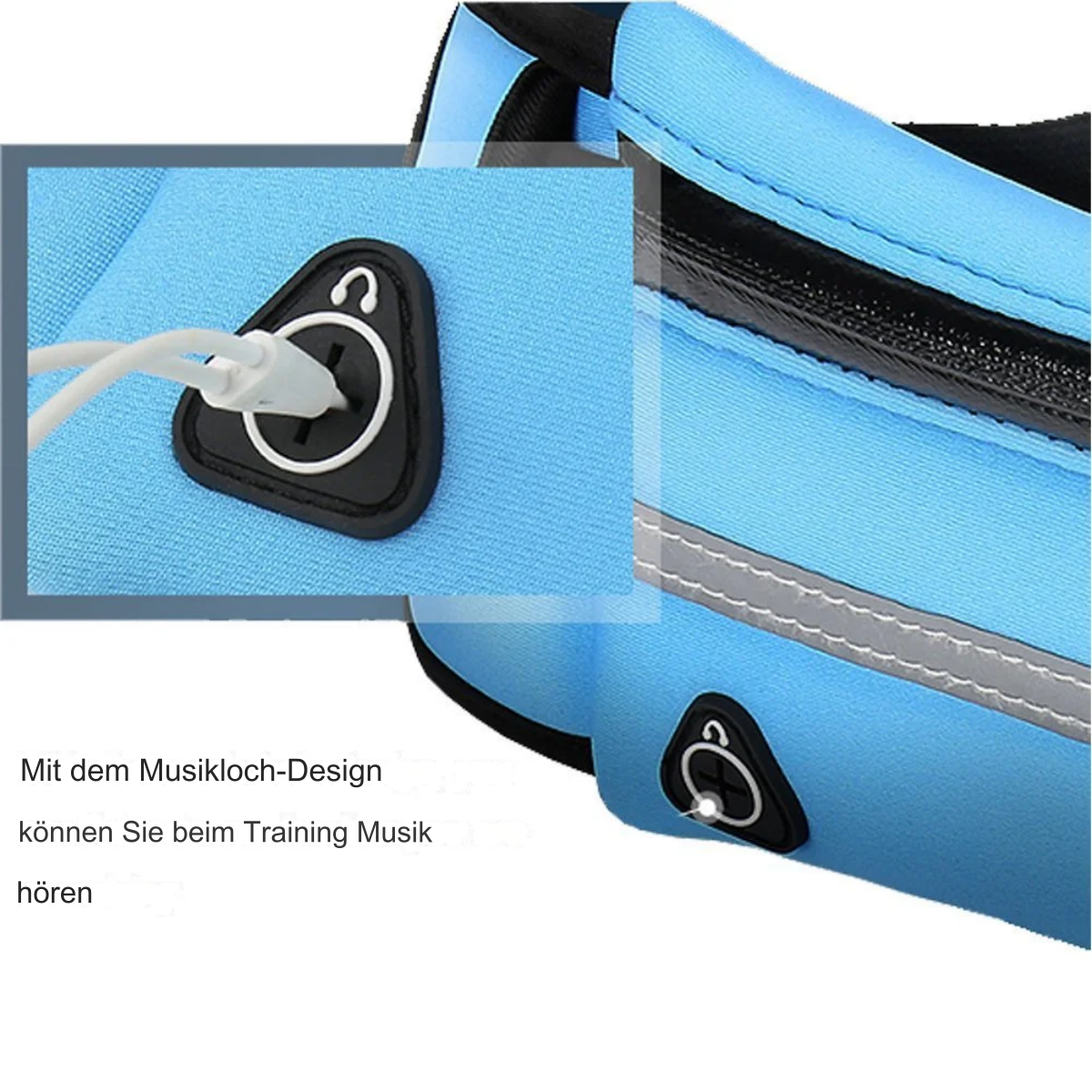 Blauer Laufgürtel mit Kopfhöreranschluss und weißem Kabel, Nahaufnahme. Detailtext: Mit Musikdesign.