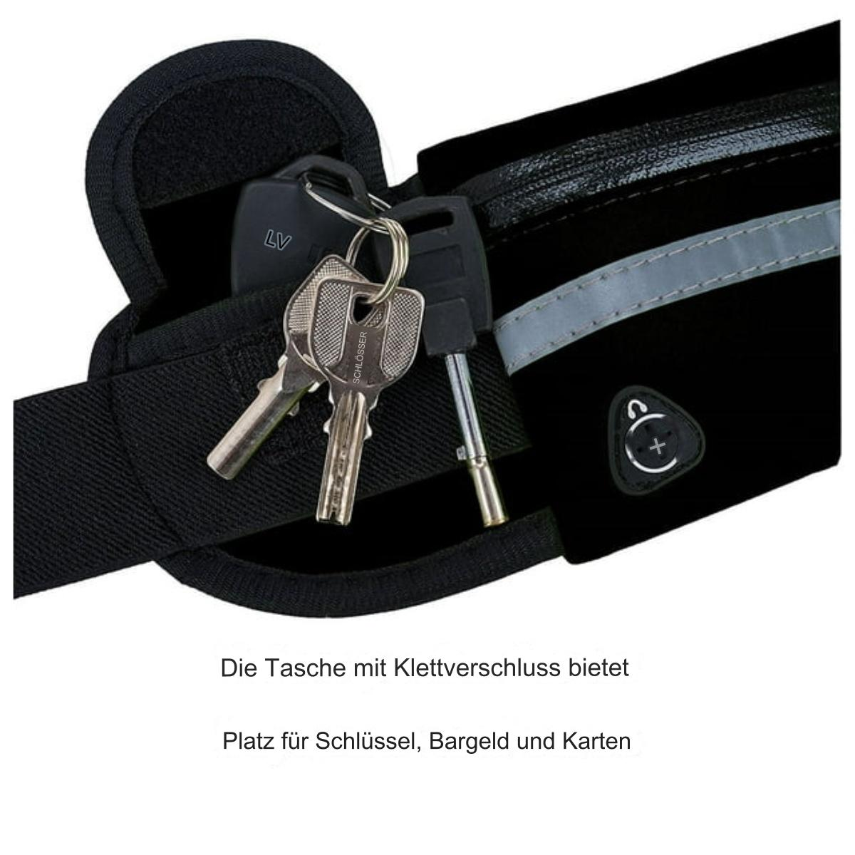 Nahaufnahme einer schwarzen Bauchtasche mit Schlüsseln. Die Tasche liegt auf weißem Untergrund.