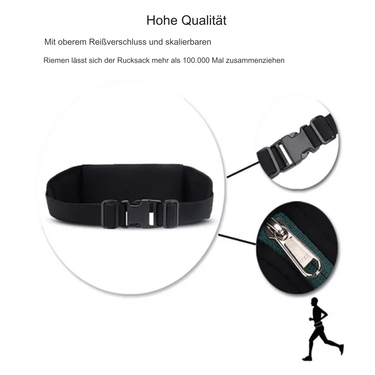 Schwarze Hüfttasche mit Schnallen- und Reißverschlussdetails, mit Läufer-Grafik.