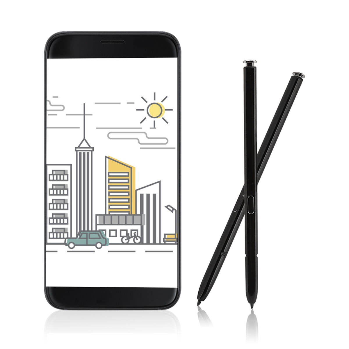 Ein Smartphone mit Skyline und zwei schwarzen Stiften.