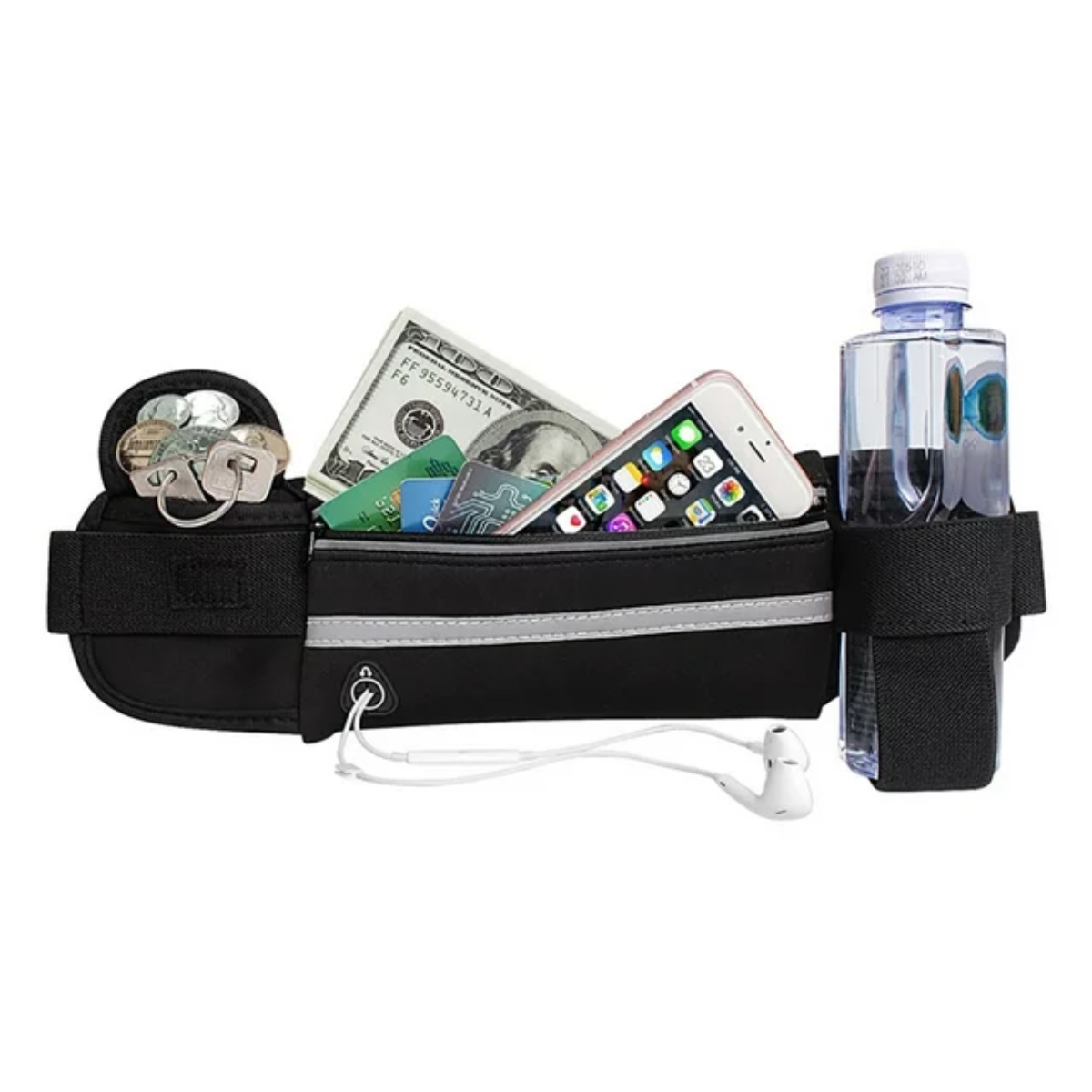 Schwarzer Laufgürtel mit Gegenständen: Geld, Karten, Telefon, Wasserflasche und Ohrhörer.