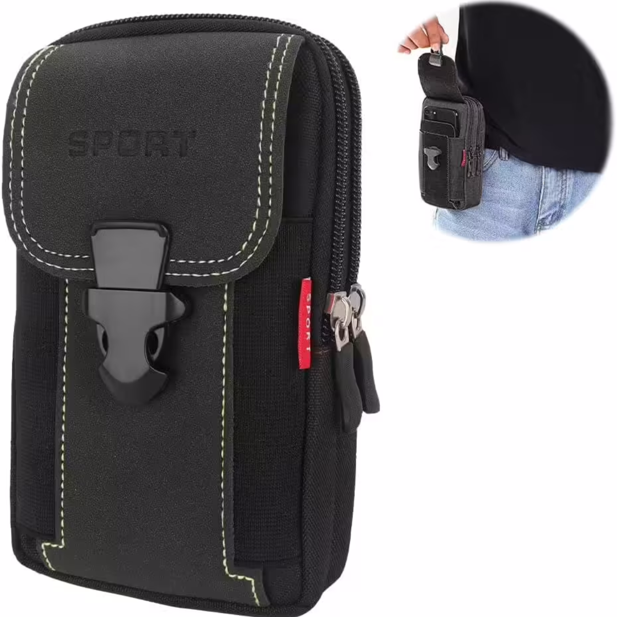 Schwarze Sport-Gürteltasche mit Schnalle, Reißverschluss und rotem Anhänger. Weißer Hintergrund.