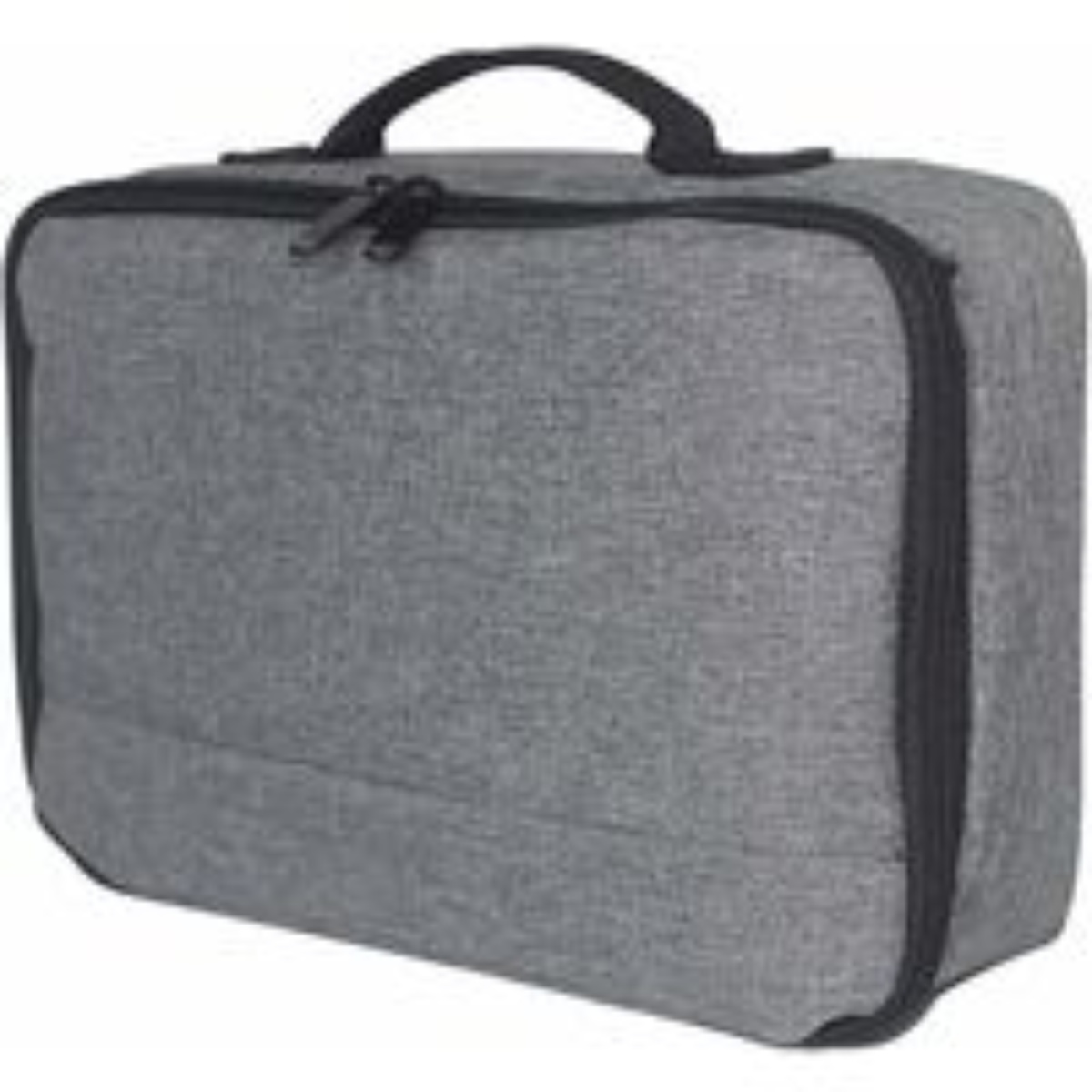 Eine graue rechteckige Tasche mit schwarzem Reißverschluss und Griff auf weißem Grund.