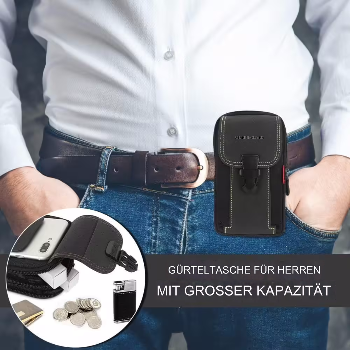 Schwarze Gürteltasche an einer Person, mit Geldbörse, Geld und Feuerzeug, sichtbar im offenen Beutel.