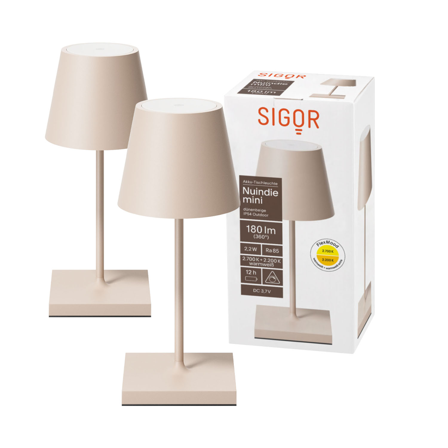 Zwei beige Lampen mit einer Verpackung, die Marke und Spezifikationen zeigt.