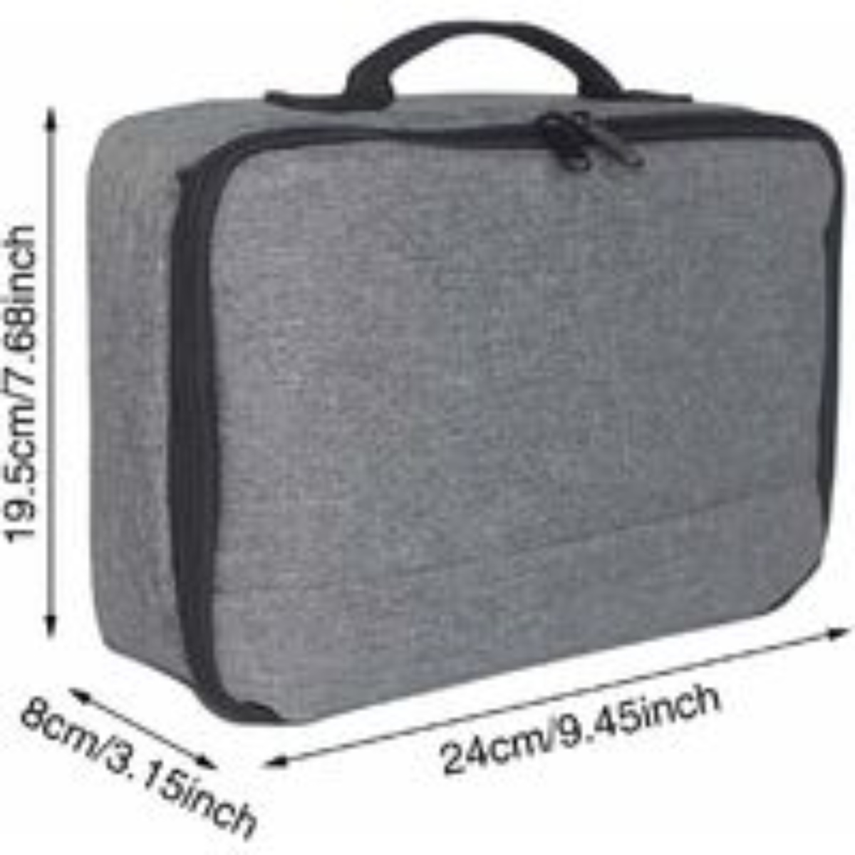 Graue Reisetasche mit Abmessungen. Sie hat einen Griff und einen Reißverschluss.