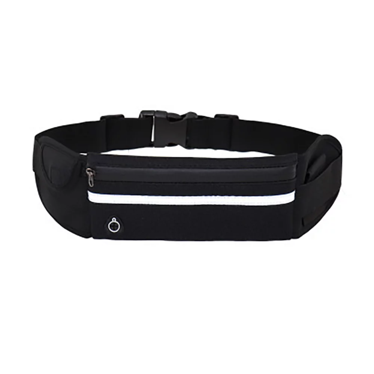 Schwarze Bauchtasche mit weißem, reflektierendem Streifen und Reißverschlusstasche. Schwarzer Schnallenverschluss.