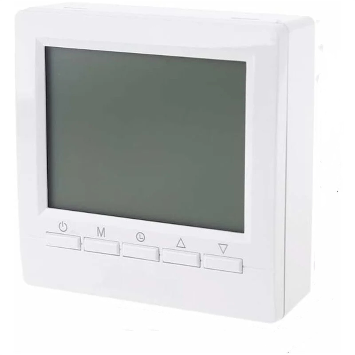 Nahaufnahme eines weißen, rechteckigen Thermostats mit Digitalanzeige und Bedientasten.
