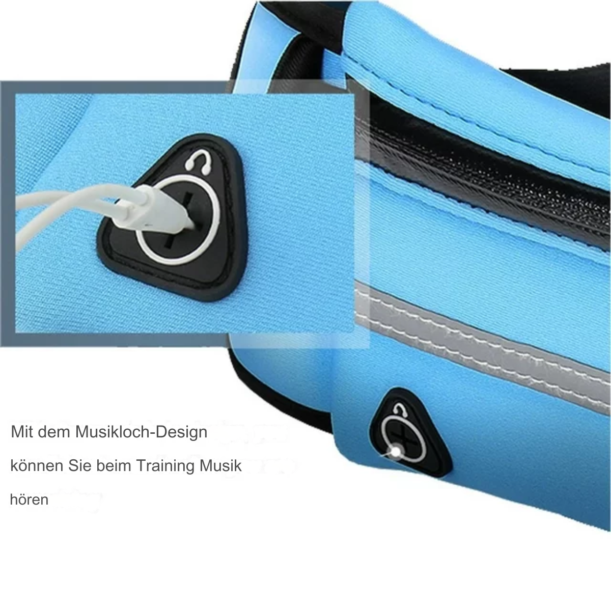 Ein blauer Laufgürtel mit weißem Kabel, das mit einem Telefon verbunden ist.