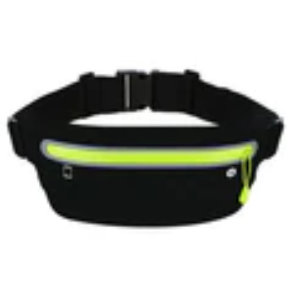 Schwarze Bauchtasche mit neongrünem Reißverschluss und Gurt. Sie liegt flach.