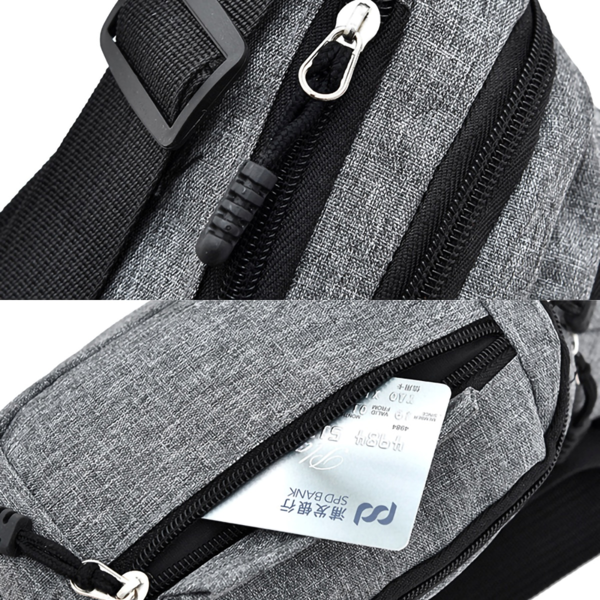 Graue Tasche mit Reißverschlüssen und einem schwarzen Gurt. Eine Kreditkarte ist in der Tasche.