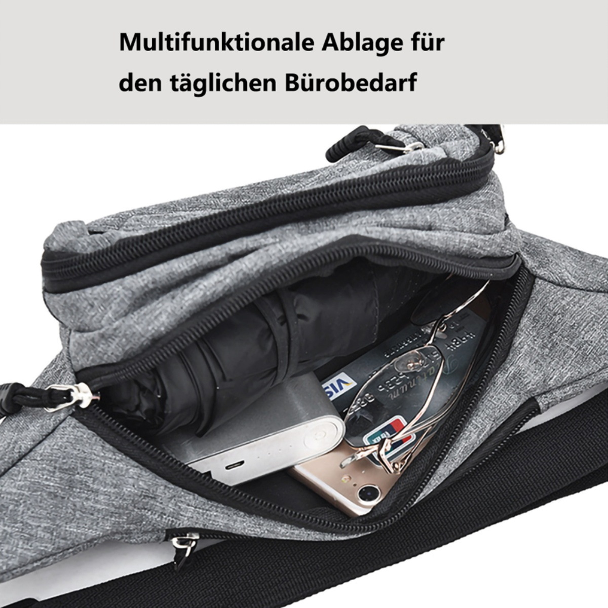 Graue Hüfttasche mit Gegenständen darin. Text: Multifunktionale Aufbewahrung für den täglichen Bürobedarf.