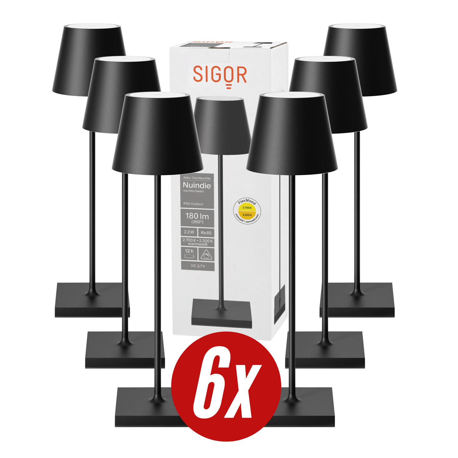 Sechs schwarze Tischlampen mit passenden quadratischen Sockeln und Schirmen, angeordnet um eine Produktbox mit Text.