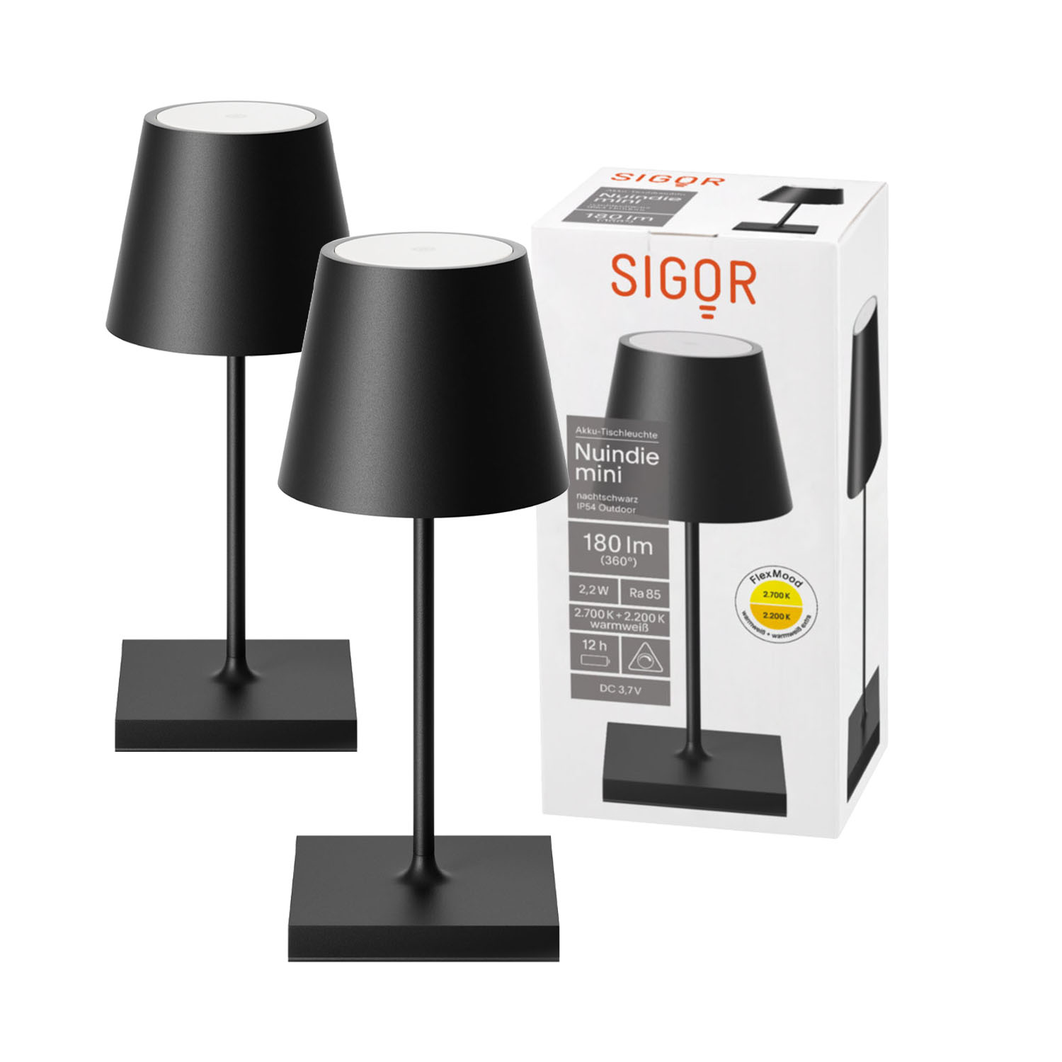 Zwei schwarze Tischlampen mit schwarzen Lampenschirmen und quadratischen Sockeln, neben einer Produktbox.