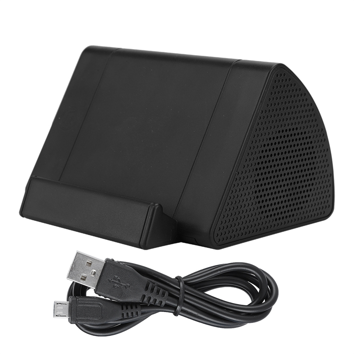 Schwarze dreieckige Lautsprecher-Dockingstation mit angeschlossenem USB-Kabel.