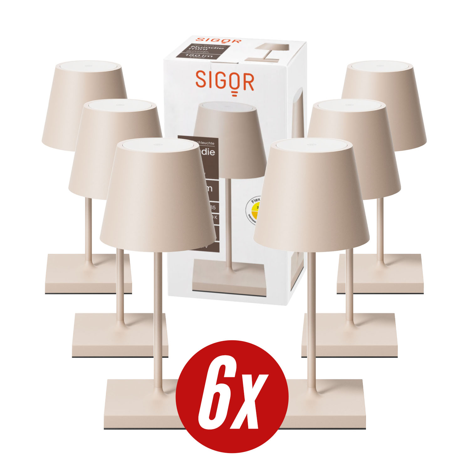 Eine Gruppe von sechs beigefarbenen Tischlampen mit einer Box im Hintergrund und einem 6x-Aufkleber.