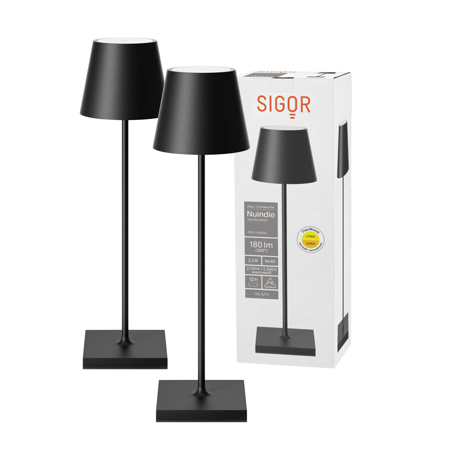 Schwarze Tischlampen mit einer Box. Die Lampen haben schwarze Schirme und quadratische Sockel.