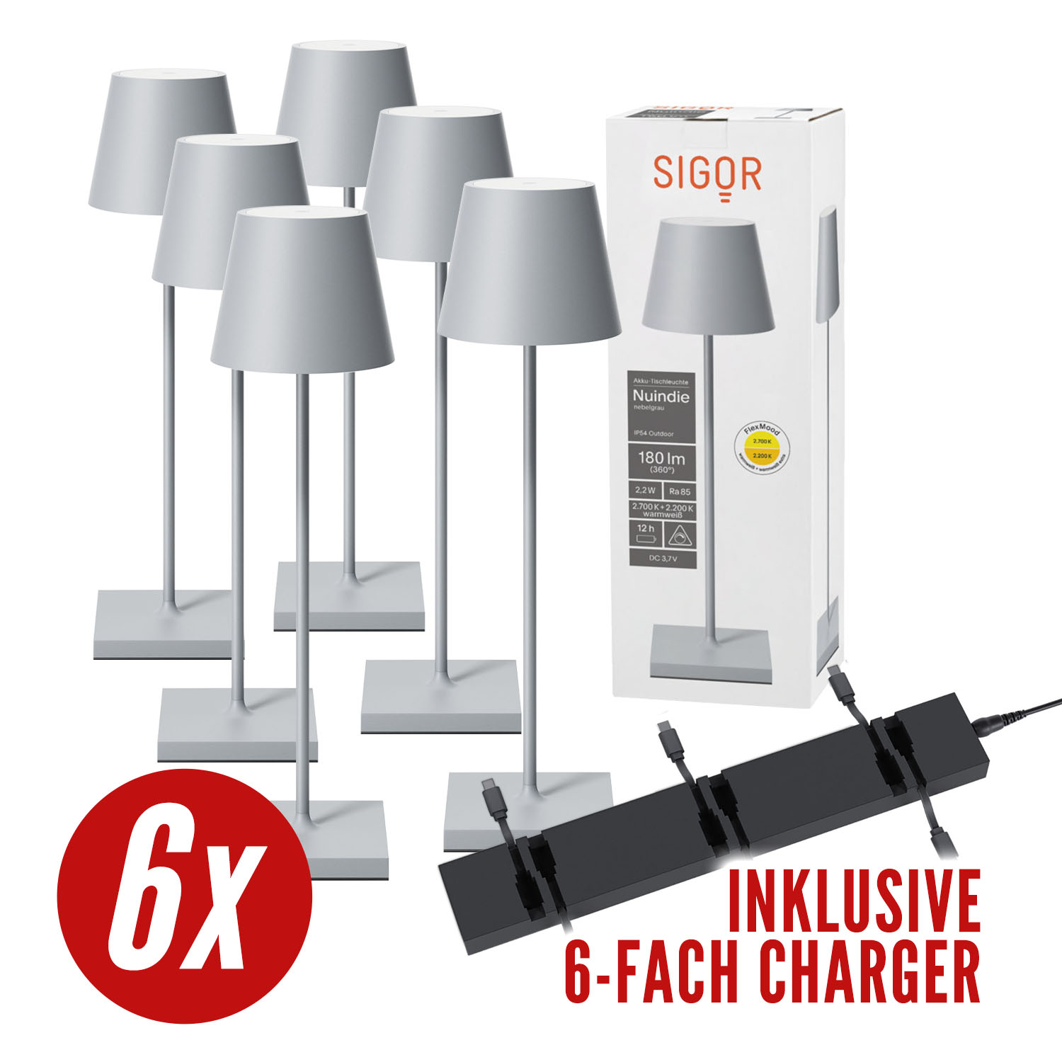Set aus sechs grauen Außenlampen mit Ladestation und einer Box, die das Produkt zeigt.