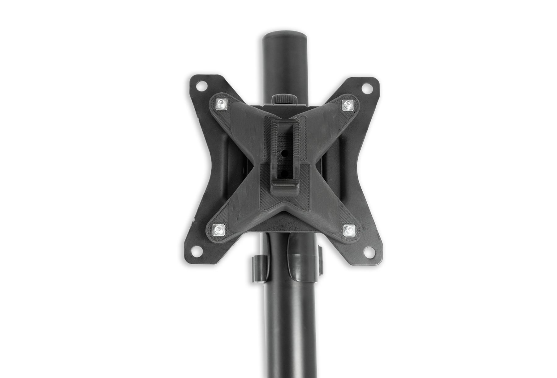 Eine schwarze Metall-Monitorhalterung auf weißem Hintergrund. Sie hat eine zentrale Stange und eine Montageplatte.