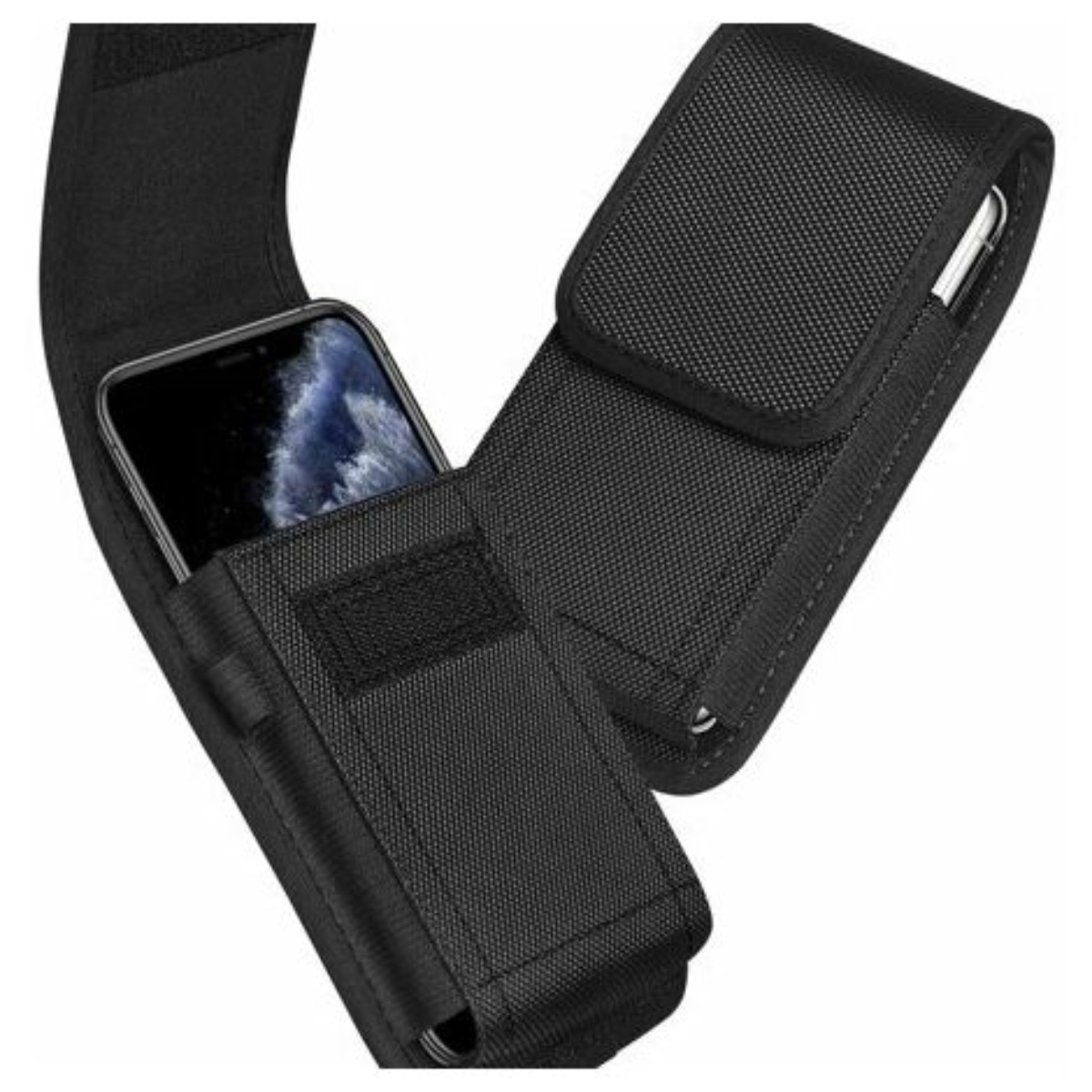 Schwarze Handyhülle mit Telefon und Stifthalter.