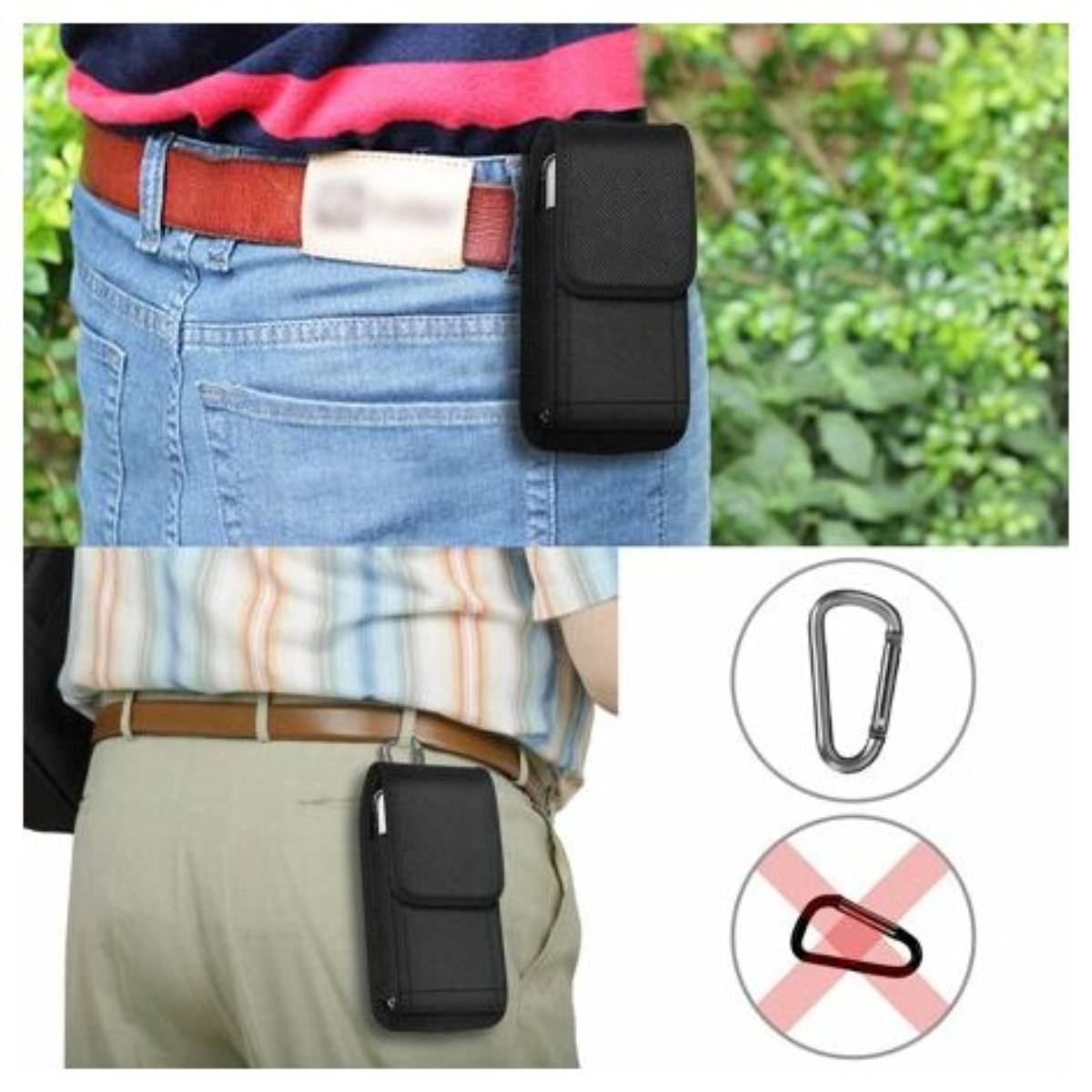 Zwei Bilder einer schwarzen Handytasche, die an einem Gürtel befestigt ist. Die Tasche kann am Gürtel befestigt werden.