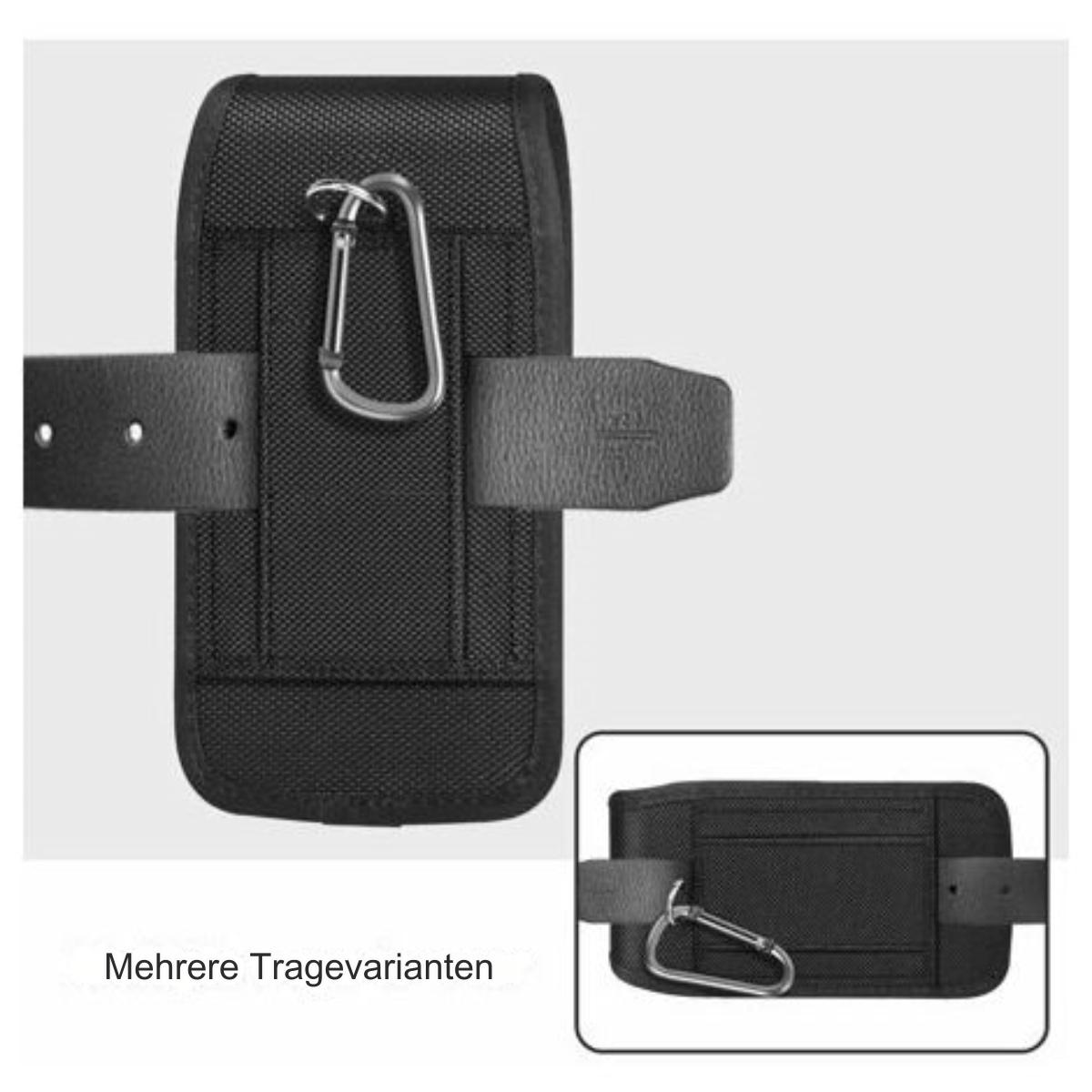 Schwarzer Telefonhalter mit Gürtelschlaufe und silbernem Karabiner. Der Halter liegt auf weißem Grund.