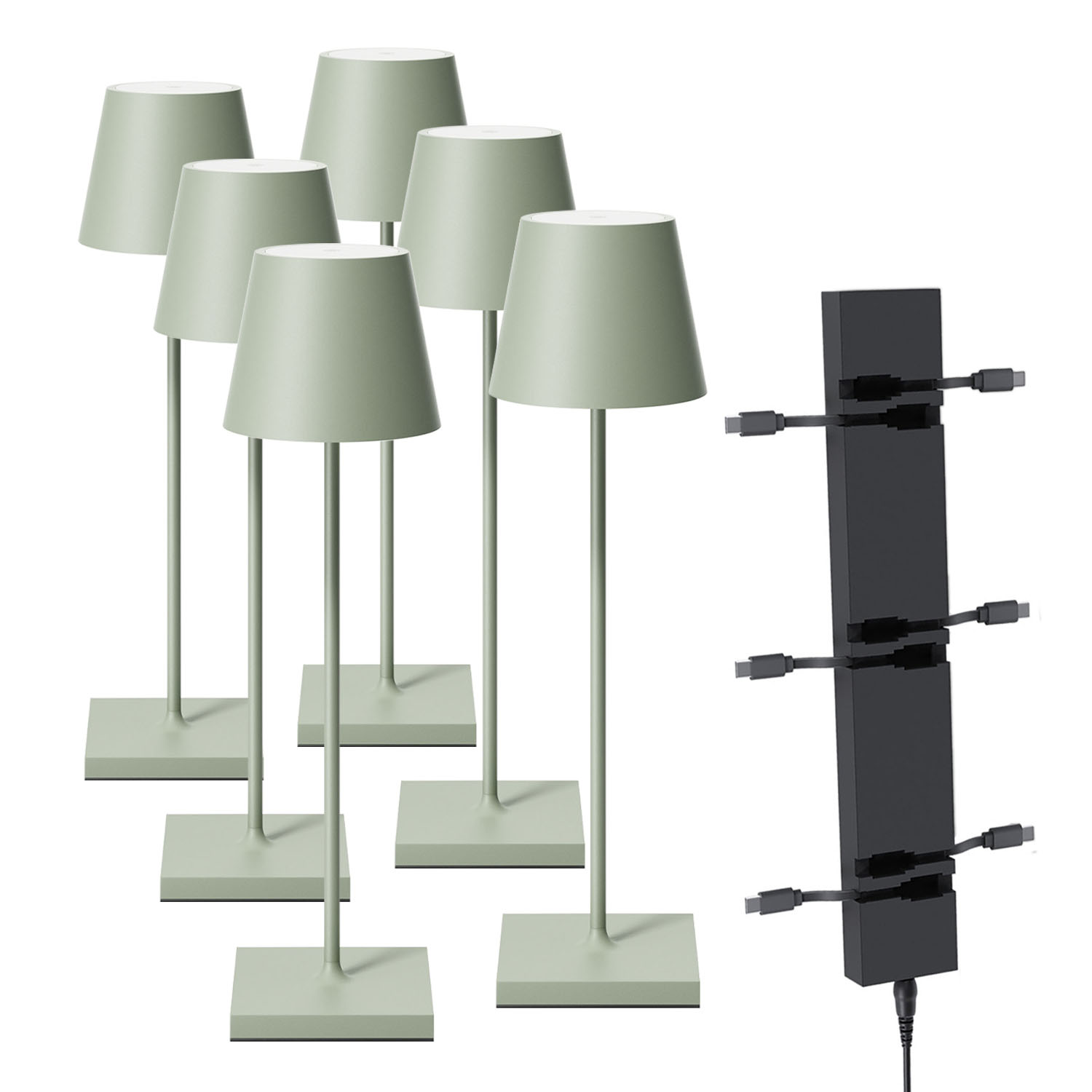 Sechs grüne Lampen mit quadratischen Basen. Ladestation mit USB-Ports.