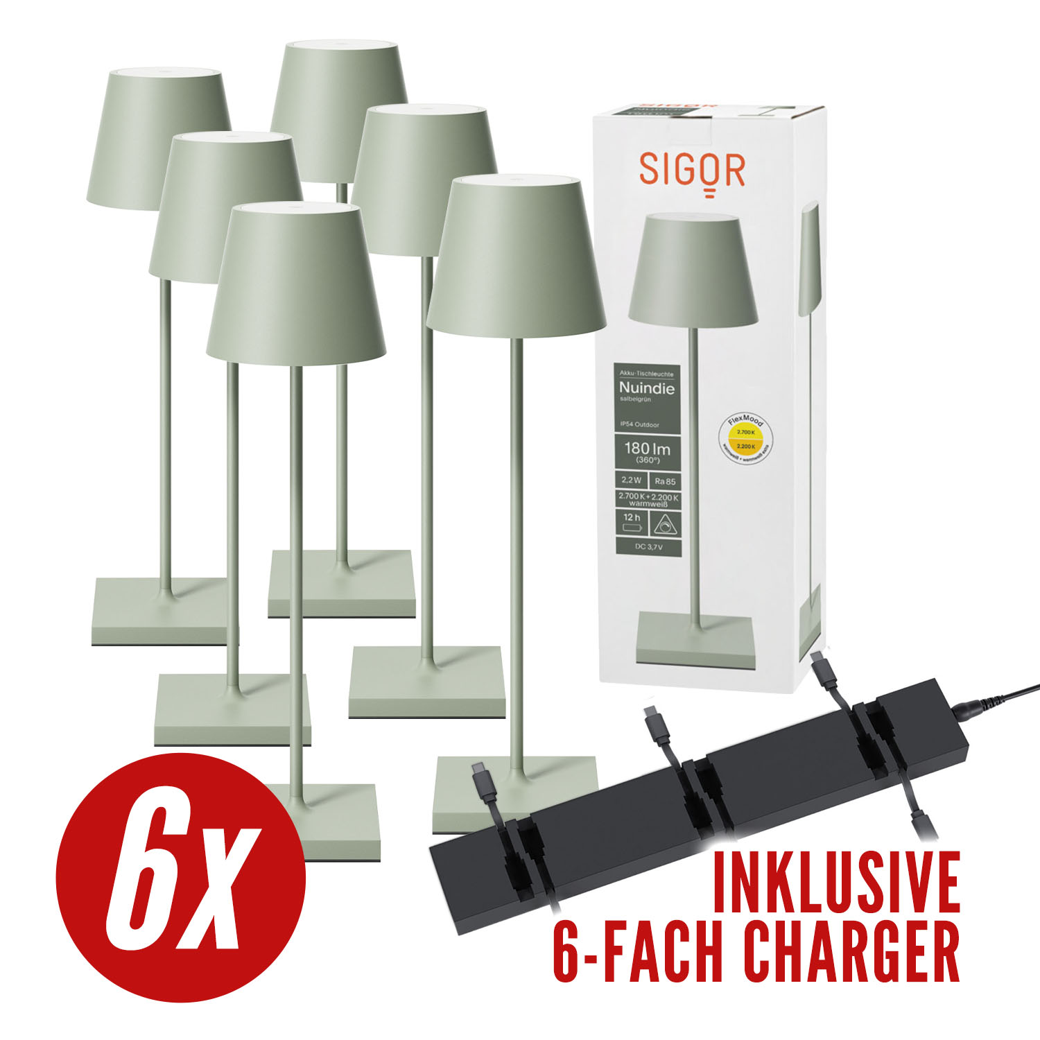 Sechs salbeigrüne Lampen mit Ladestation. Text: 6x und 6-fach Ladegerät.