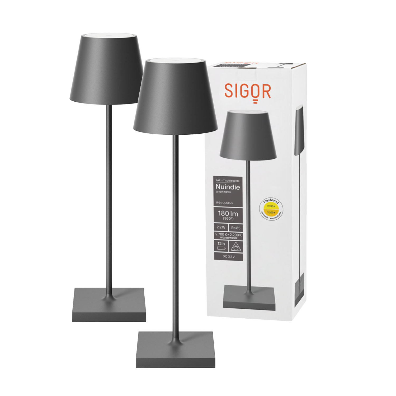 Zwei graue Lampen auf weißem Hintergrund, mit einer Box, die die Produktdetails zeigt.