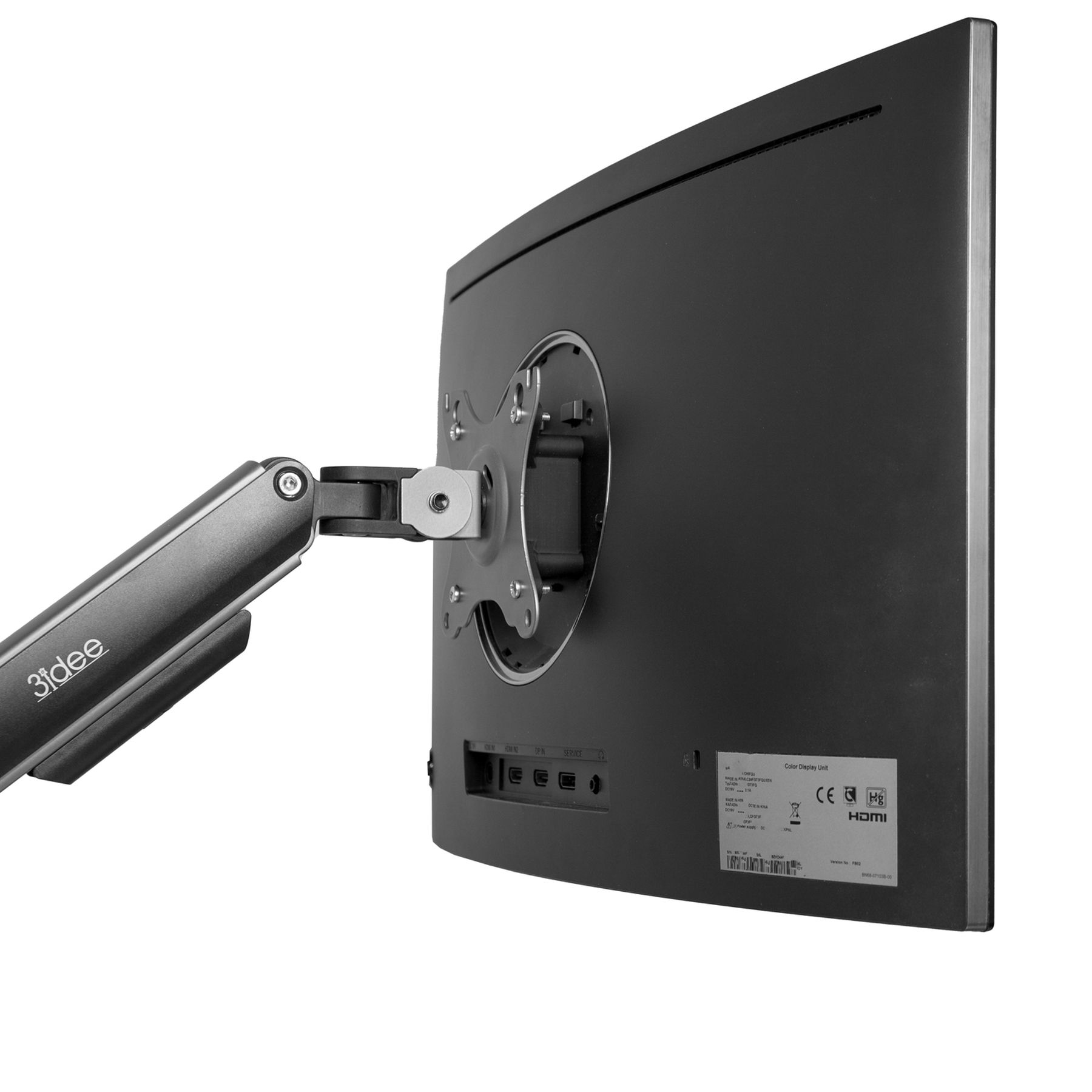 Rückseite eines gebogenen Monitors mit montiertem Arm. Silber-Schwarz-Farbschema.