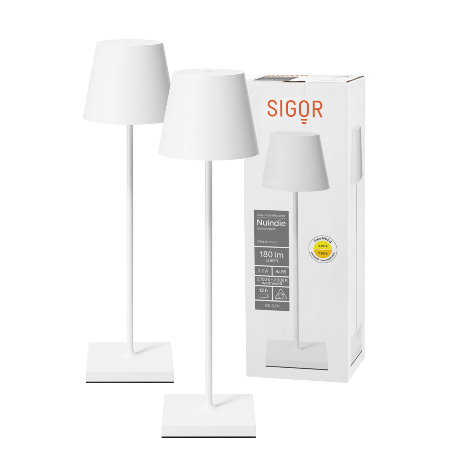 Zwei weiße Tischlampen mit weißen Lampenschirmen. Eine Lampe ist in einer Box.