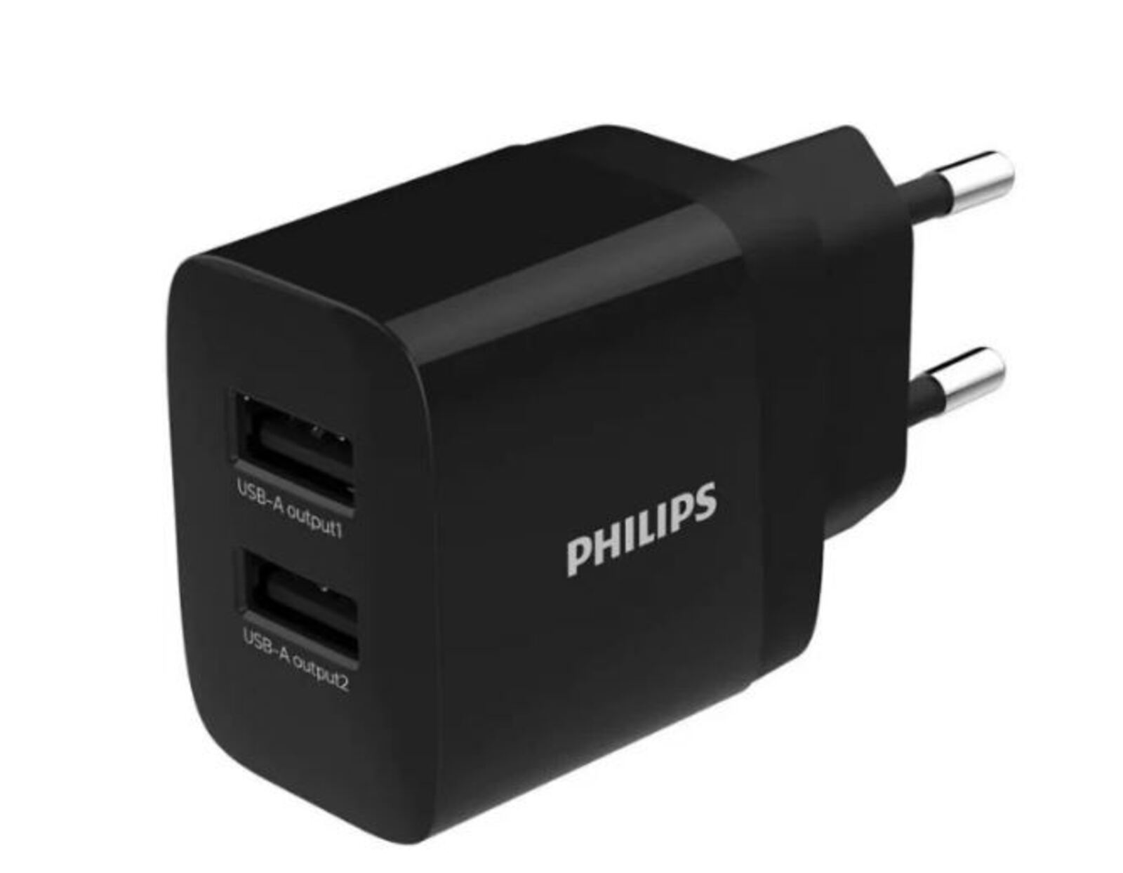 Zwarte Philips-oplader met twee USB-A-uitgangspoorten. Witte tekst: USB-A output1, USB-A output2 en PHILIPS.