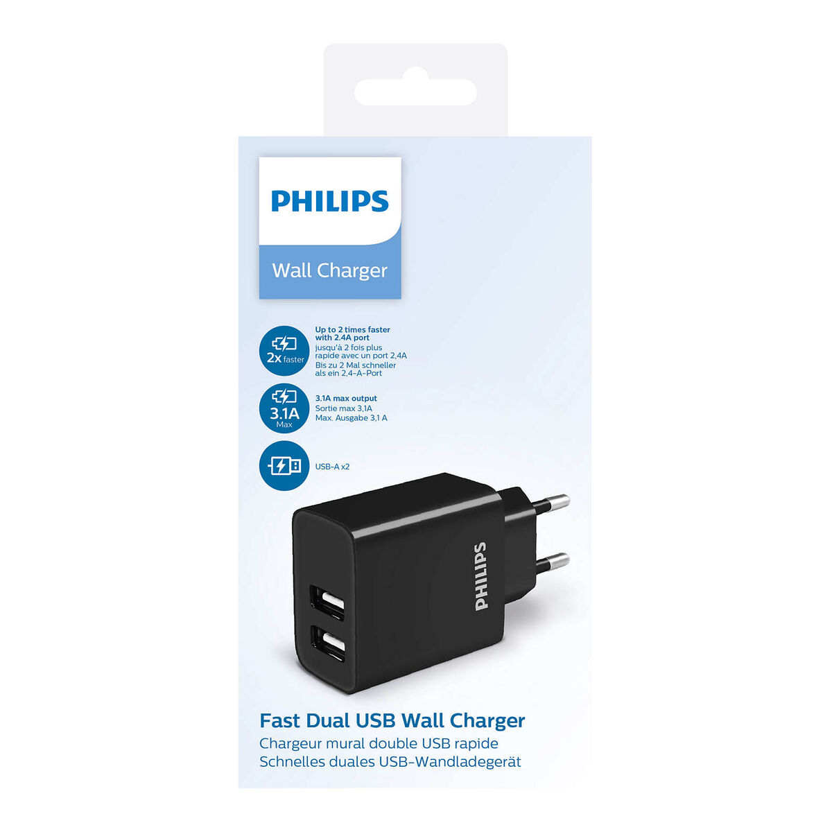 Een zwarte Philips wandlader met twee USB-poorten. De lader zit in de verpakking.