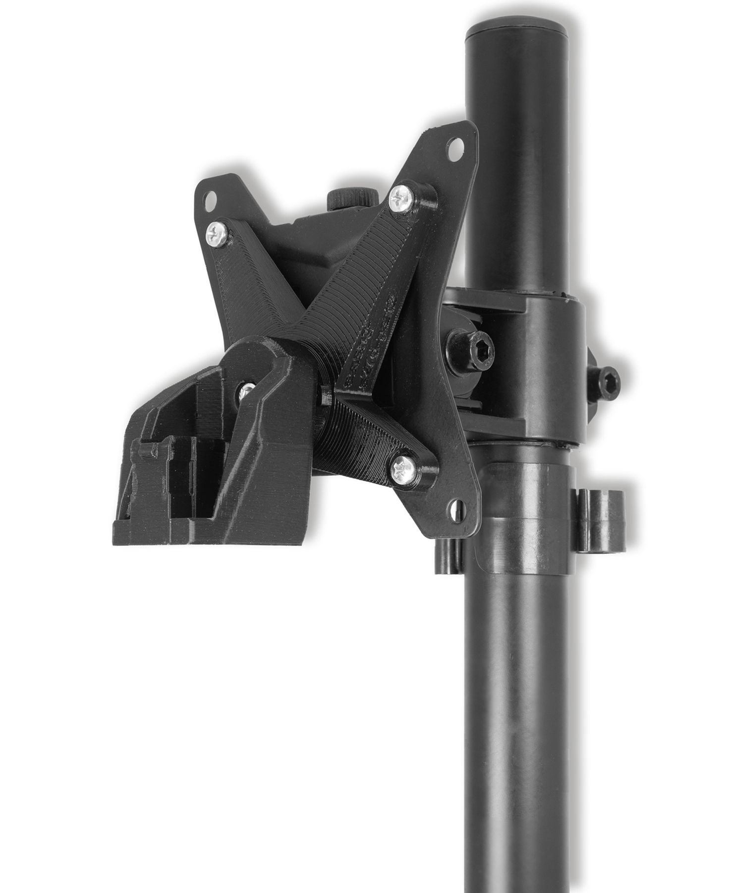Eine schwarze Monitorarmhalterung wird gezeigt. Die Halterung ist an einer schwarzen Stange befestigt.