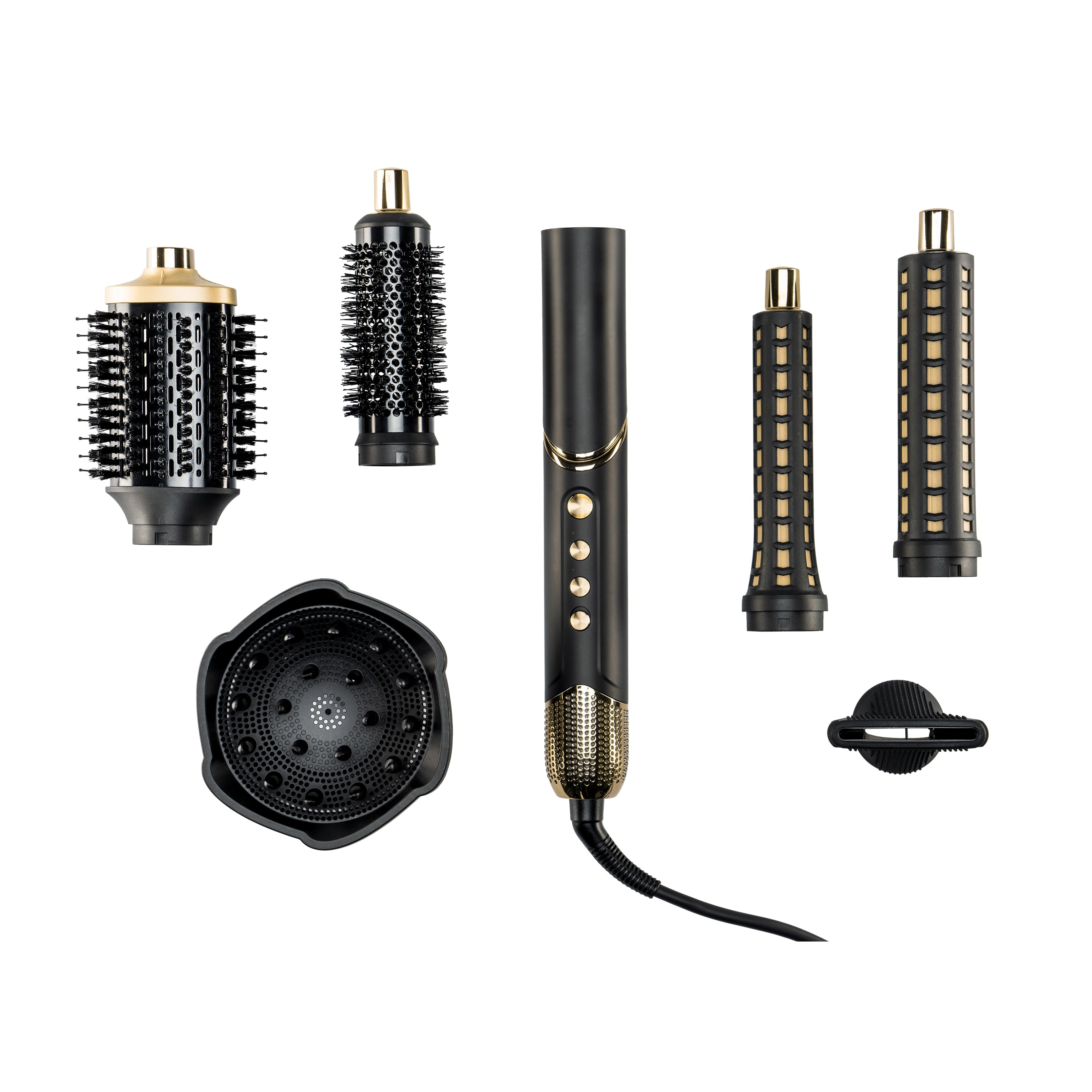 Frisierwerkzeuge und Zubehör. Enthält einen Haartrockner, Bürsten und Aufsätze. Schwarz und Gold.