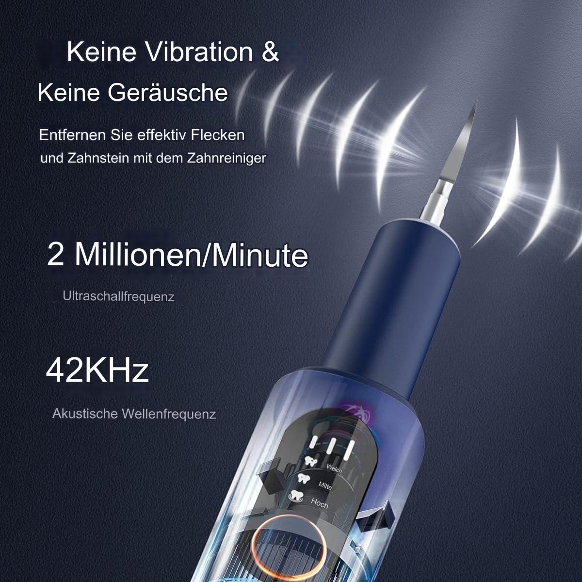 Zahnreinigungswerkzeug mit Spitze. Text weist auf Vibration und Frequenz hin. Dunkelblauer Hintergrund.