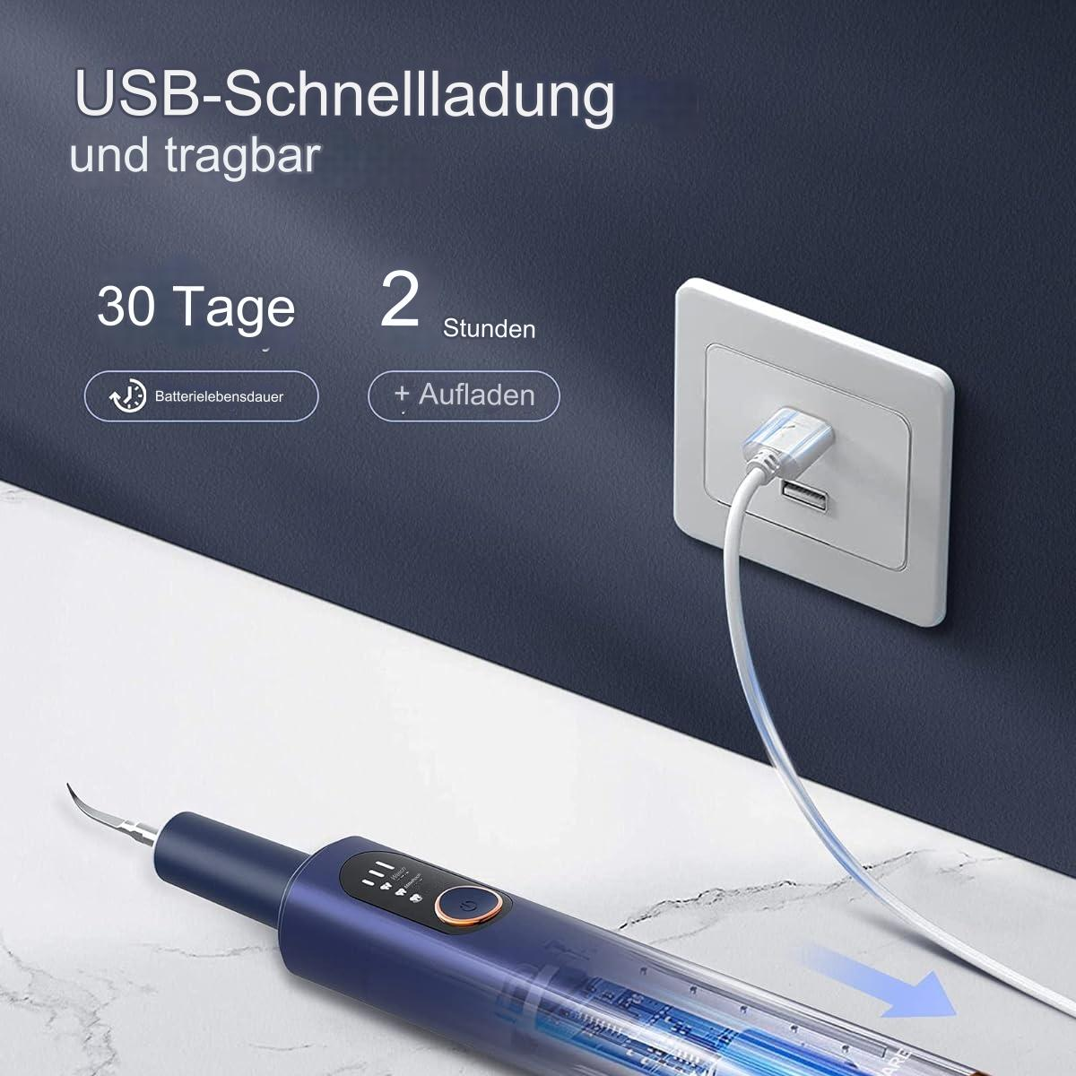 Ein blauer Zahnsteinentferner mit eingestecktem Ladekabel. Eine Steckdose und Text sind im Hintergrund.