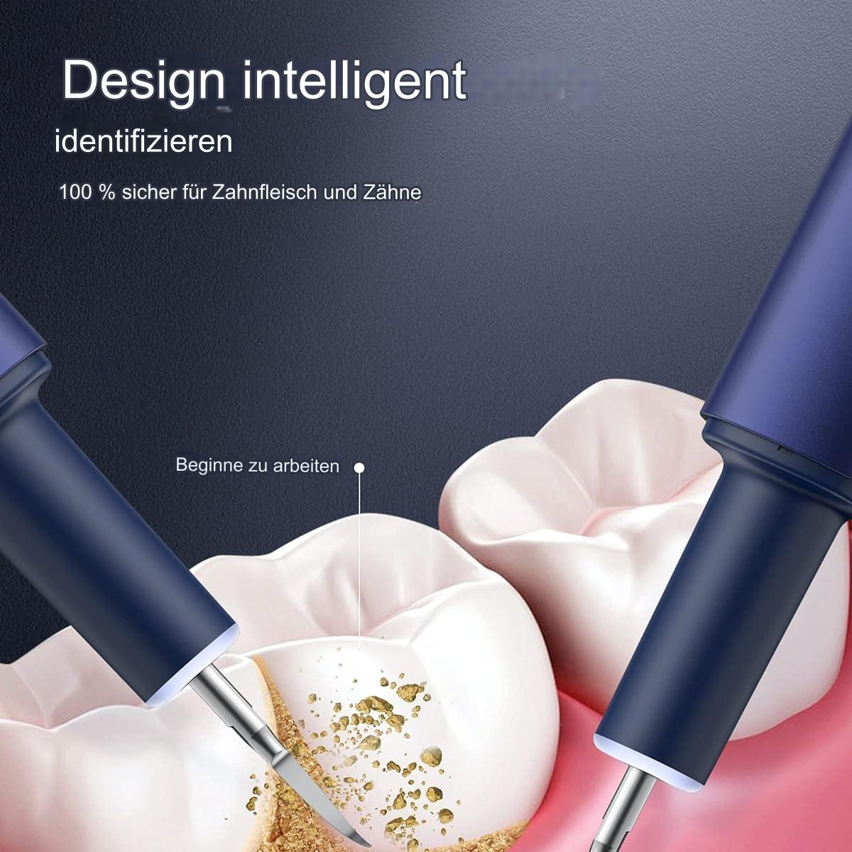 Zahnreinigungswerkzeug in der Nähe von Zähnen. Das Werkzeug hat einen blauen Griff und eine Metallspitze.