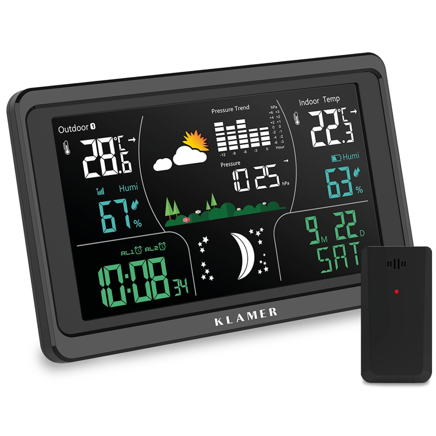Eine schwarze Wetterstation mit Display, das Außen- und Inneninformationen anzeigt, und Sensor.