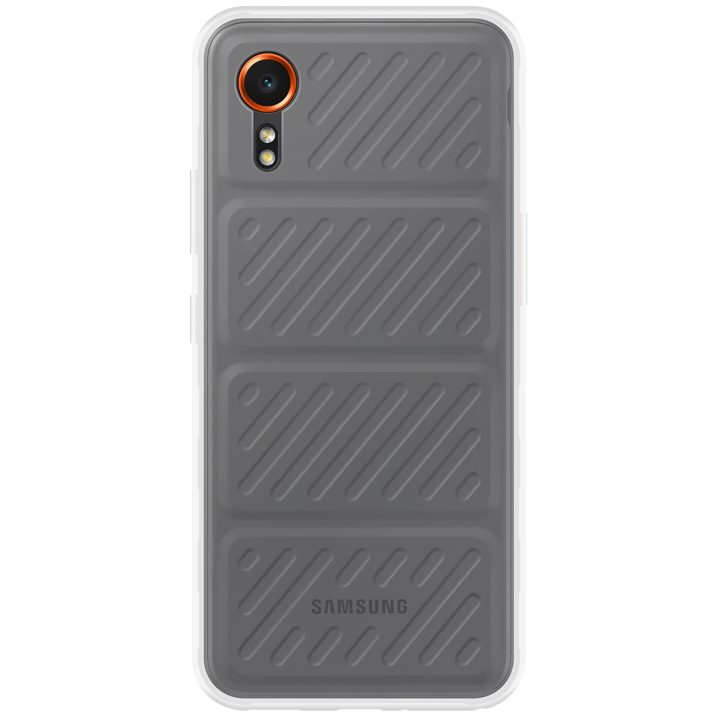 Graue Handyhülle mit strukturiertem Design. Die Hülle befindet sich auf einem schwarzen Hintergrund. Oranges Kameraloch.