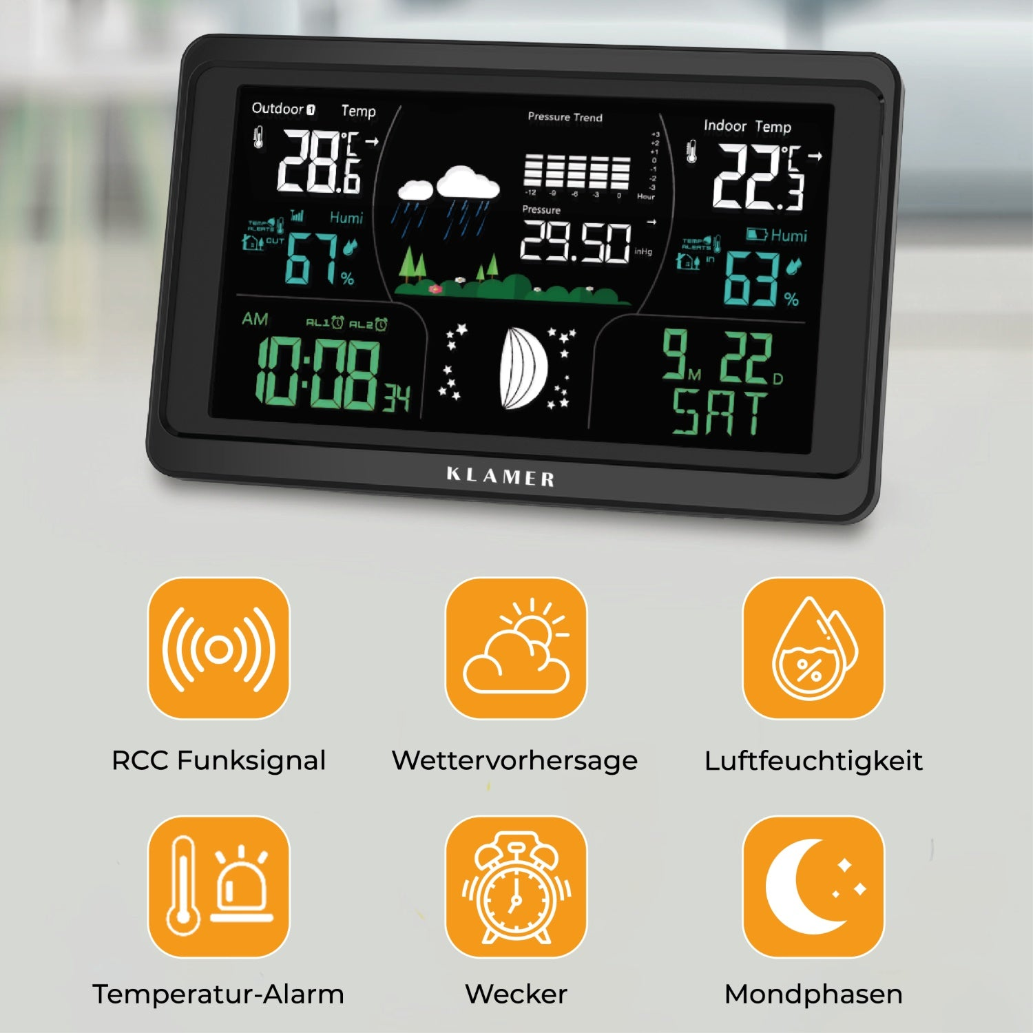Digitale Wetterstation mit Außen-/Innentemperatur, Luftfeuchtigkeit, Druck und Uhrzeit.
