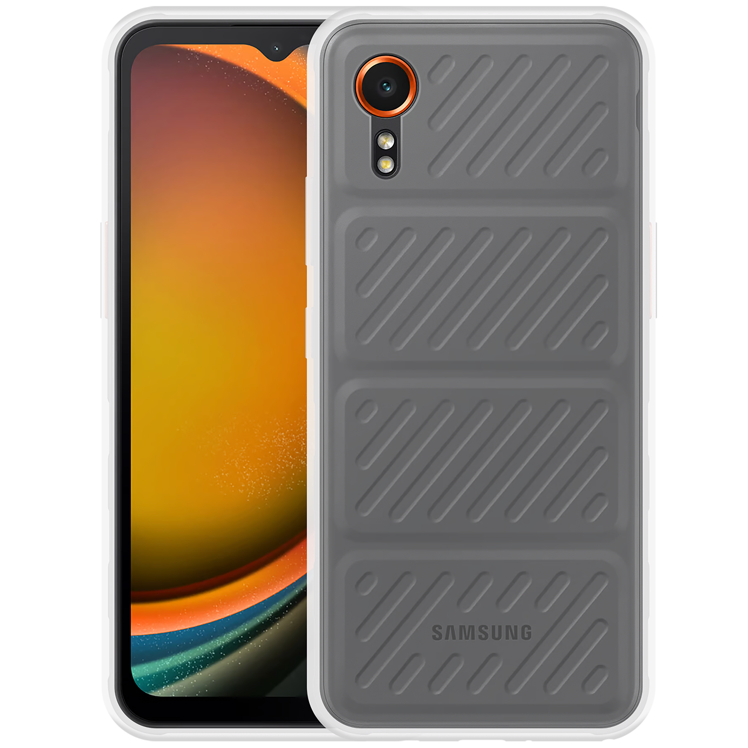 Eine Handyhülle mit einem Telefon darin. Die Hülle ist grau mit orangefarbenen Akzenten.