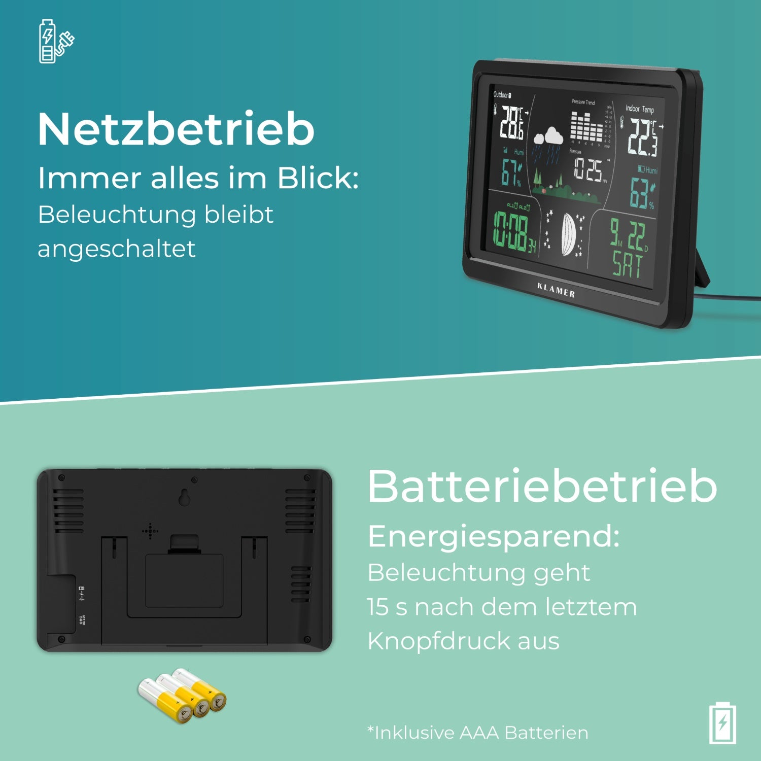 Schwarze Wetterstation mit Anzeige. Die Vorderseite hat einen Bildschirm und Knöpfe. Batterien darunter.