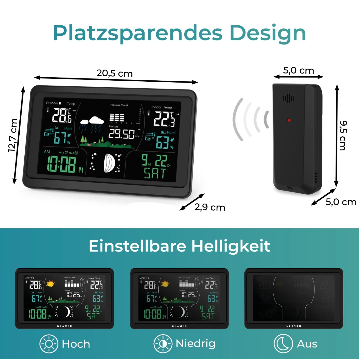 Wetterstation mit Anzeige, die Daten und einen kleinen Fernsensor zeigt. Messungen und Abmessungen gezeigt.