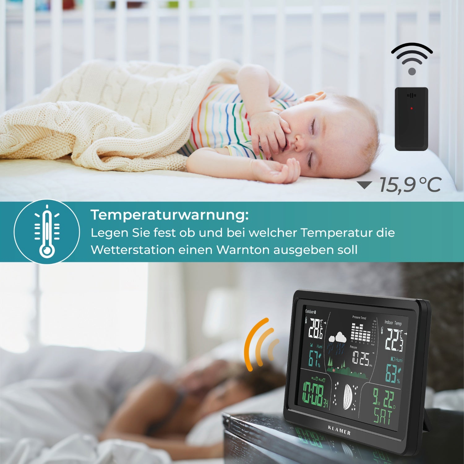 Baby schläft im Kinderbett, mit Wetterstation, die Temperatur- und Wetterdaten anzeigt.