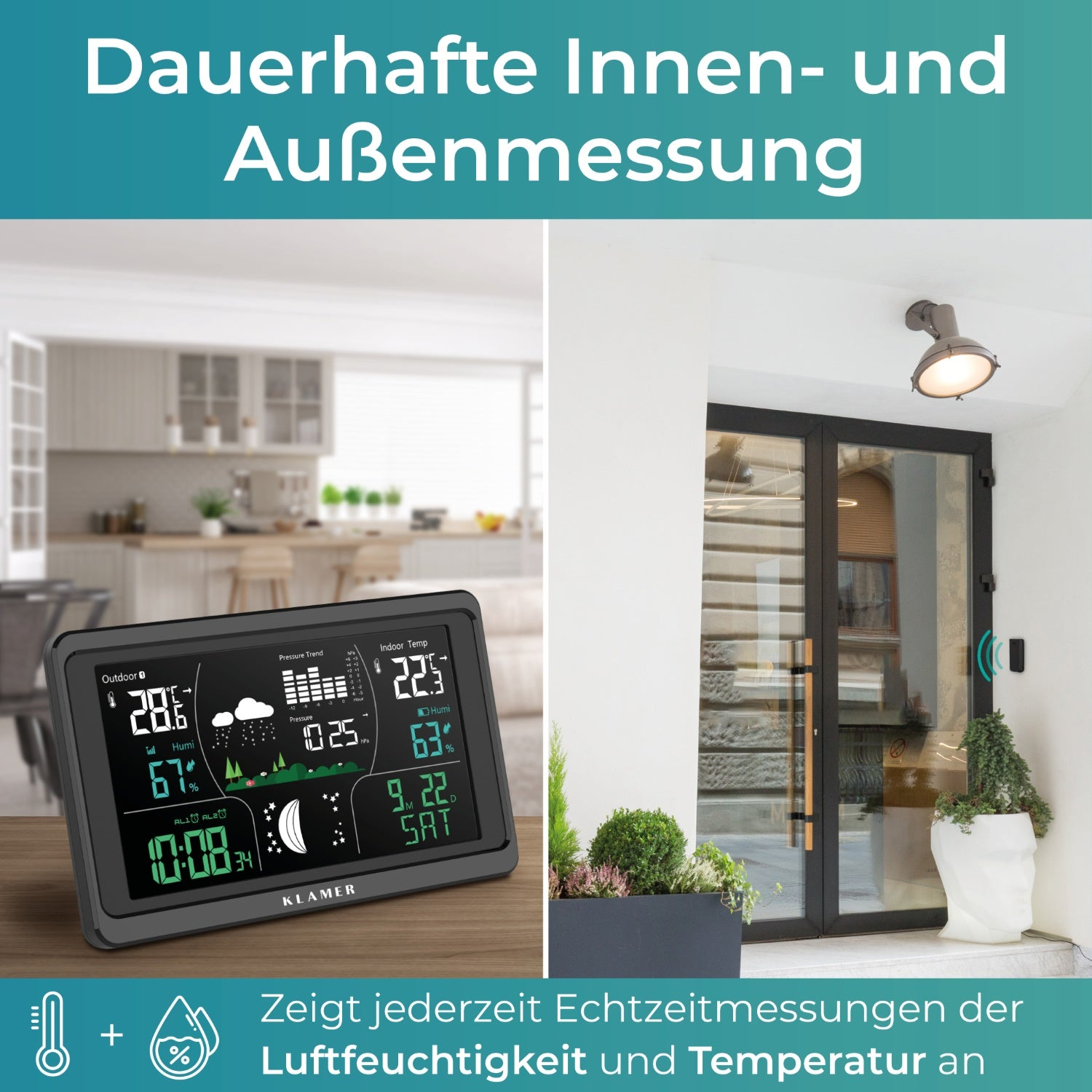 Wetterstation mit Anzeige von Außen- und Innentemperatur und Luftfeuchtigkeit. Haus.