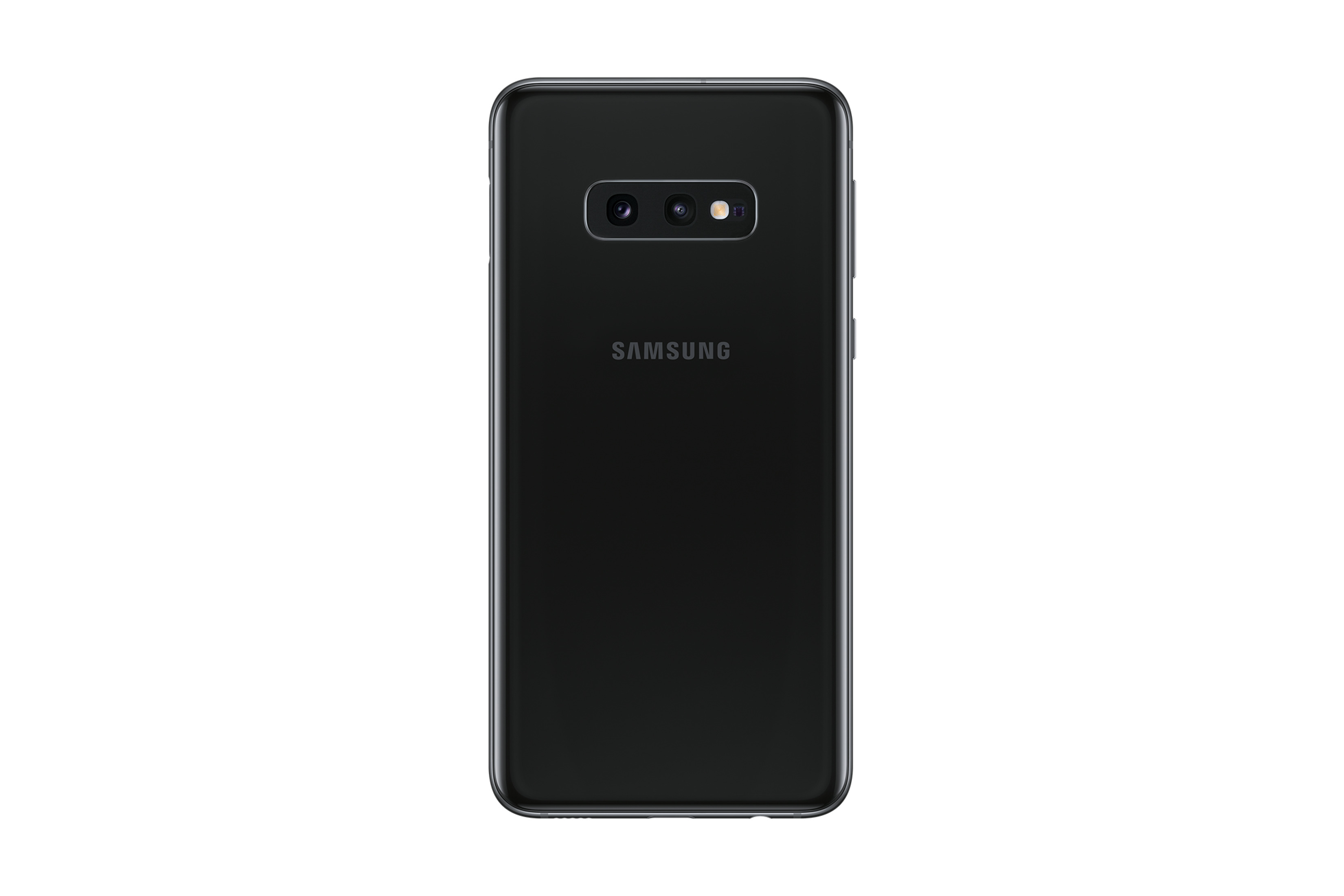 Retro del telefono Samsung nero con due fotocamere e il logo Samsung. Design nero ed elegante.
